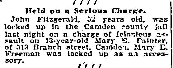 Philadelphia Inquirer article about John Fitzgerald charged with felonious assault at 513 Branch Street, June 23, 1896