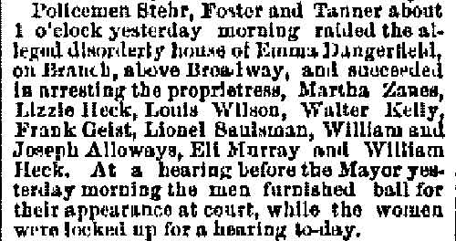 Philadelphia Inquirer article about raid on Emma Dangerfield's disorderly house at 502 Branch Street, July 23, 1888