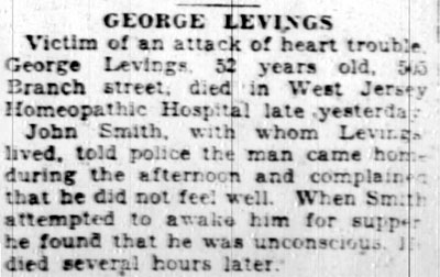 Camden Courier-Post obituary for George Levings of 505 Branch Street, January 5, 1928