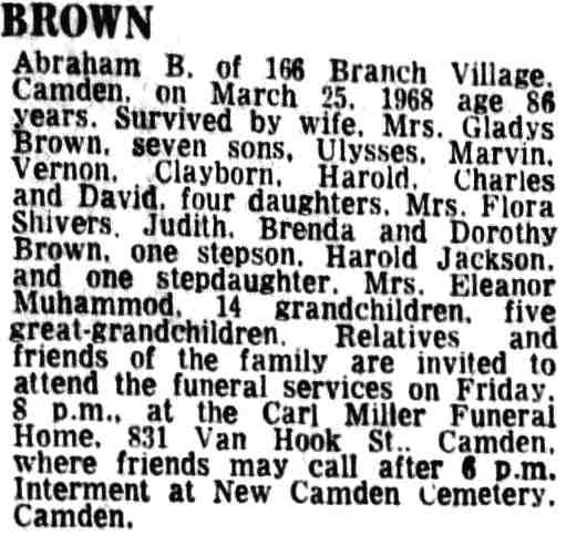 Obituary for Abraham Brown, 166 Branch Village, 1968