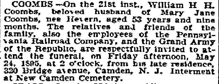 Death Notice — Coombs — Philadelphia Inquirer, May 24, 1895