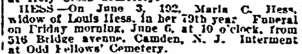 Death Notice — Hess — Philadelphia Inquirer, June 5, 1902