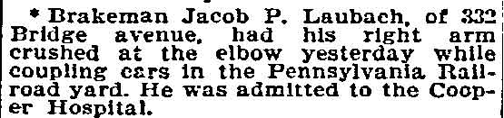 Brakeman Jacob P. Laubach injured — Philadelphia Inquirer, January 22, 1897
