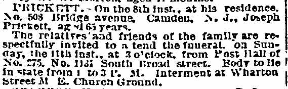 Death Notice — Prickett — Philadelphia Inquirer, September 11, 1892