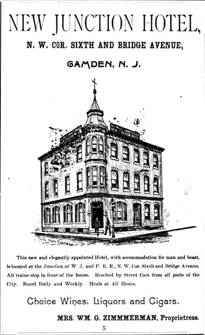 New Junction Hotel advertisement — Camden City Directory, 1892–1893