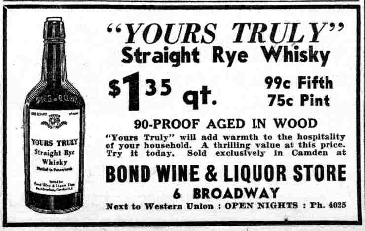 Bond Wine & Liquor Store, 6 Broadway, advertisement August 31, 1935