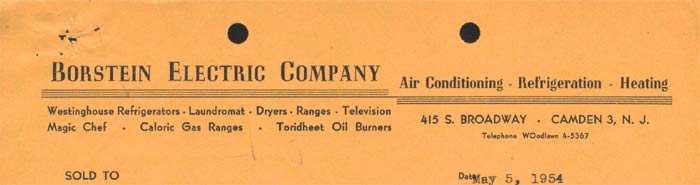 Borstein Electric Company Invoice Header - May 5, 1954