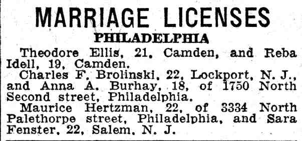 Marriage license, Camden Courier-Post June 16, 1932 — Theodore Ellis and Reba Adell of Camden