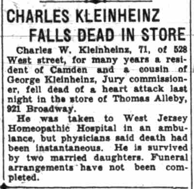 Charles Kleinheinz Falls Dead in Store, Camden Courier-Post December 8, 1931