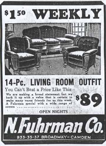 N. Fuhrman Co. advertisement — $1.50 Weekly, 14-Pc. Living Room Outfit, $89 — Camden Courier-Post, September 12, 1945