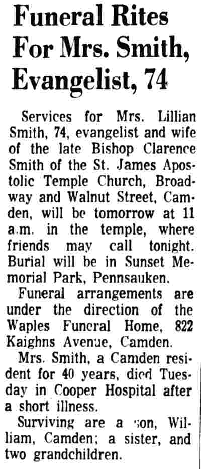 Funeral Rites For Mrs. Lillian Smith, Evangelist, 74, Camden Courier-Post, July 20, 1973