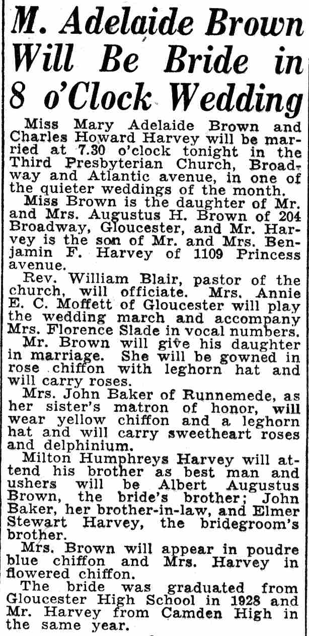 Camden Courier-Post, June 18, 1932 — Brown-Harvey wedding at Third Presbyterian Church