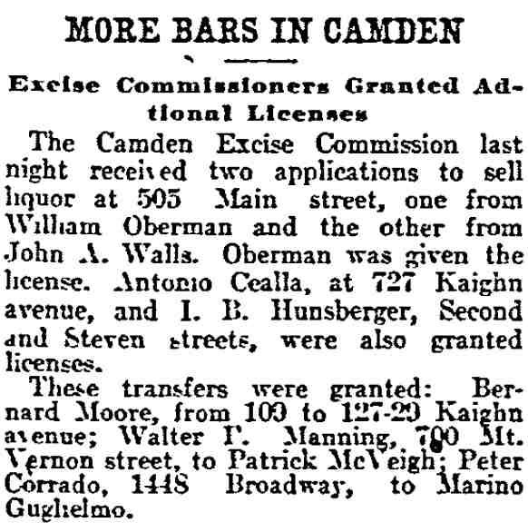 Philadelphia Inquirer, February 16, 1905: More Bars in Camden — Oberman given license at 505 Main Street