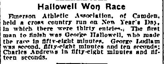 Hallowell Won Race — Emerson Athletic Association cross country run — Philadelphia Inquirer, January 3, 1909