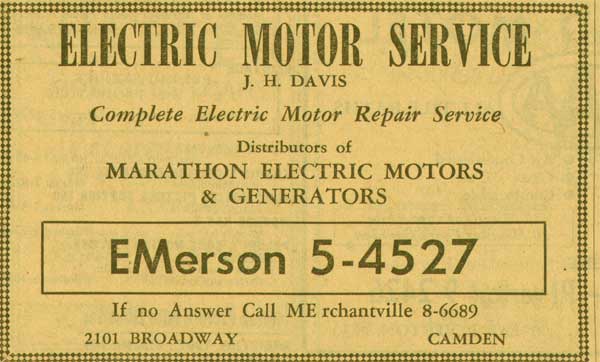 Davis Motor Service / Electric Motor Service Co., 2101 Broadway — 1955 NJ Bell Telephone Yellow Pages ad