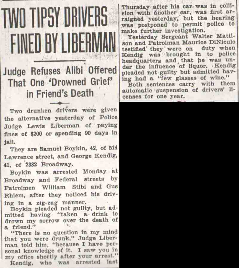 Camden Courier-Post article about Samuel Boykin of 514 Lawrence Street and George Kendig fined by Judge Lewis Liberman for drunk driving, October 28, 1936