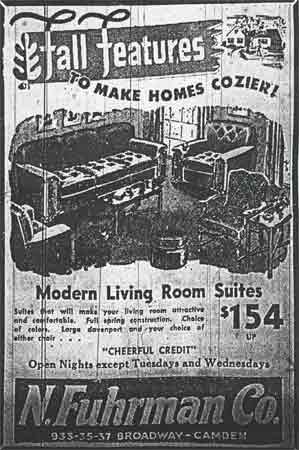 N. Fuhrman Co. advertisement — Fall Features to Make Homes Cozier! Modern Living Room Suites $154 Up — Camden Courier-Post, September 12, 1945