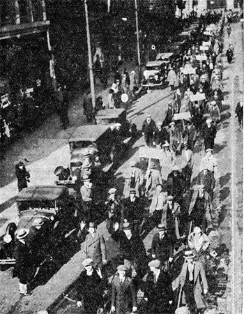 Three thousand men and women parade on Broadway near Carman Street, February 1, 1933
