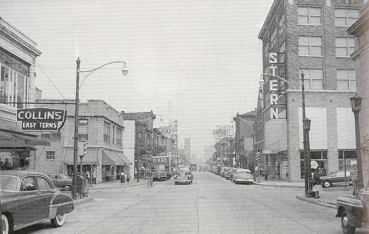Broadway looking north at the intersection of Spruce Street, September 18, 1951. The vertical HURLEY'S sign can be seen on left side of the street. Collins store is at far left. The 'STERN' building was originally the H. Pinsky and Son Co.