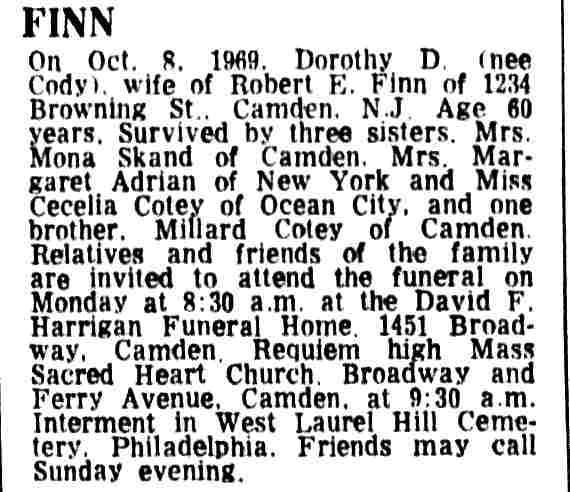 Obituary for Dorothy D. Finn of 1234 Browning Street, Camden Courier-Post, October 10, 1969