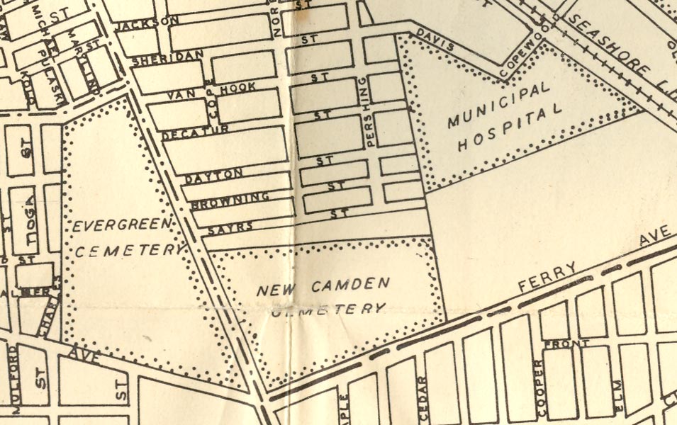 1946 map of Browning Street, running east to the western edge of Municipal Hospital, now a park