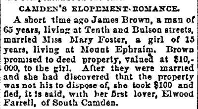Philadelphia Inquirer article about James Brown at Tenth and Bulson Streets, July 18, 1891