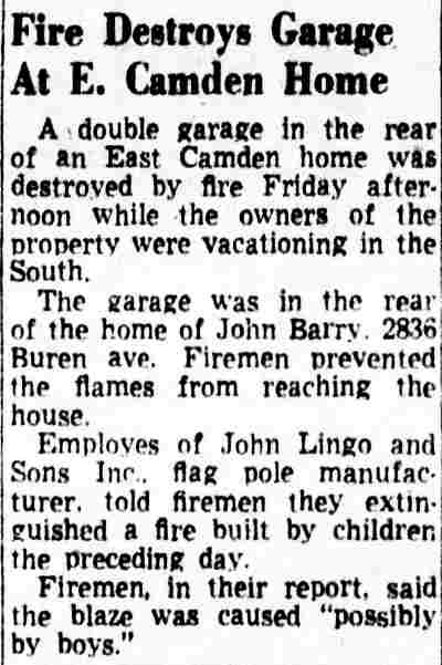 Fire Destroys Garage At E. Camden Home — John Barry of 2836 Buren Avenue, Camden Courier-Post, July 6, 1953