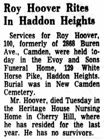 Roy Hoover Rites In Haddon Heights — formerly of 2868 Buren Avenue, Camden Courier-Post, September 1, 1973