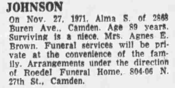 Alma S. Johnson obituary of 2868 Buren Avenue, Camden Courier-Post, November 29, 1971