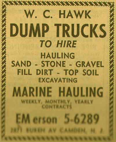 W. C. Hawk Dump Trucks advertisement, 2871 Buren Avenue, NJ Bell Yellow Pages, 1955