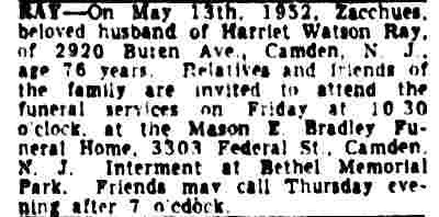 Zacchues Ray obituary of 2920 Buren Avenue, Camden Courier-Post, May 14, 1952