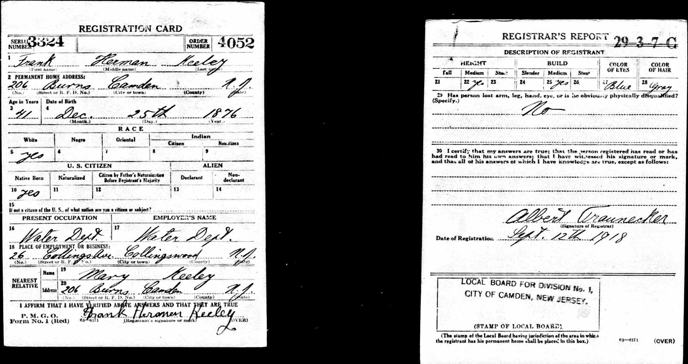 World War I draft registration card for Frank Herman Keeley of 206 Burns Street, Camden, September 12, 1918