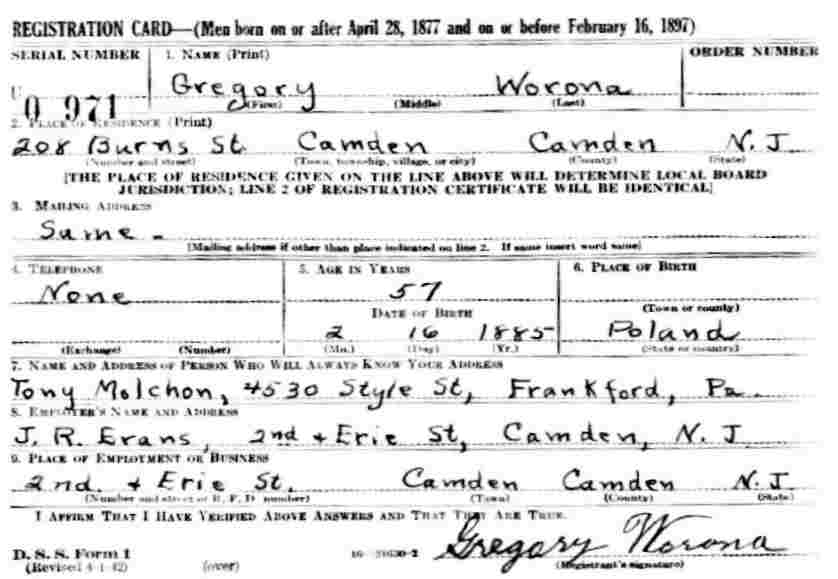World War II draft registration card for Gregory Worona of 208 Burns Street, Camden, 1942