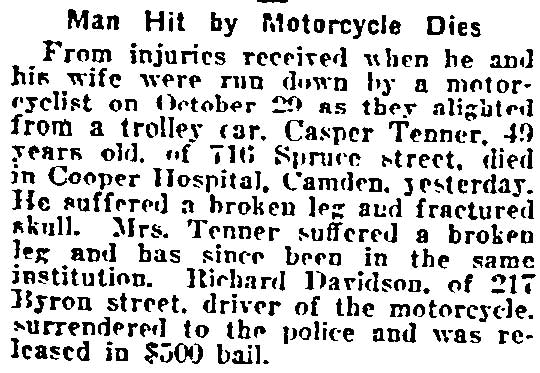 Philadelphia Inquirer, November 26, 1922 — Richard Davidson, motorcycle accident