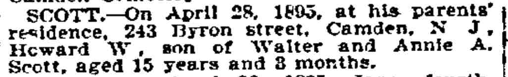 Death Notice of Howard W. Scott - Philadelphia Inquirer, April 29, 1895