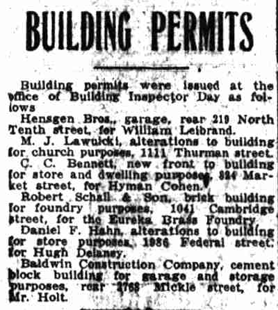 Building Permits column including Eureka Brass Foundry at 1041 Cambridge Avenue, Camden Post-Telegram, September 25, 1920