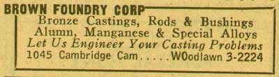 Brown Foundry Corporation advertisement, 1041–1045 Cambridge Avenue, 1955