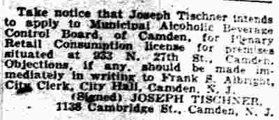Joseph Tischner liquor license application notice, Camden Courier-Post, January 16, 1934