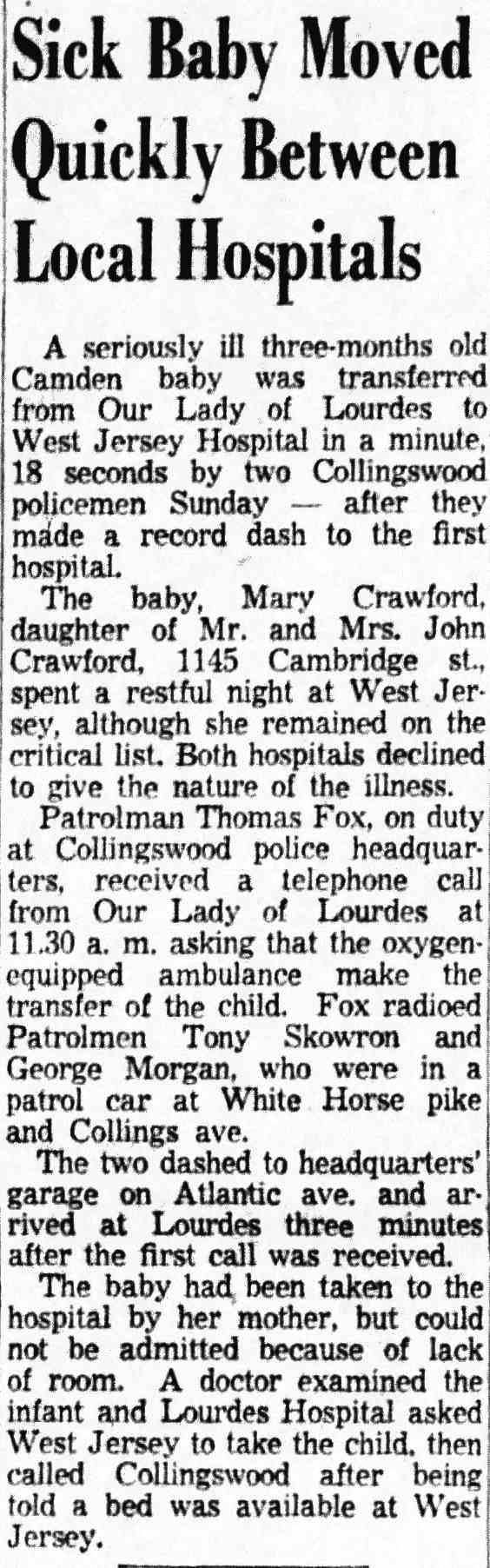 Sick Baby Moved Quickly Between Local Hospitals — Mary Crawford, Camden Courier-Post, January 3, 1955