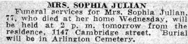 Mrs. Sophia Julian obituary notice, Camden Courier-Post, June 30, 1933