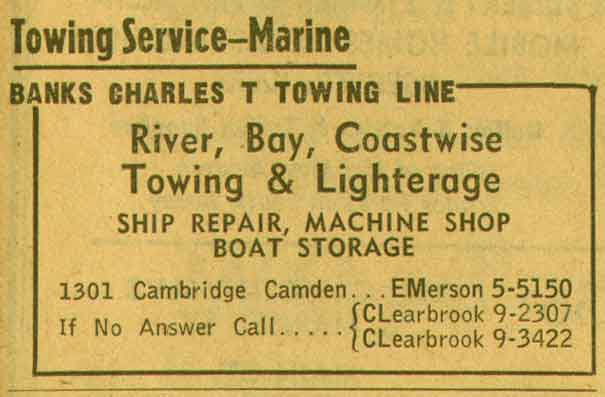 Charles T. Banks Towing Line advertisement, 1301 Cambridge Avenue, 1955