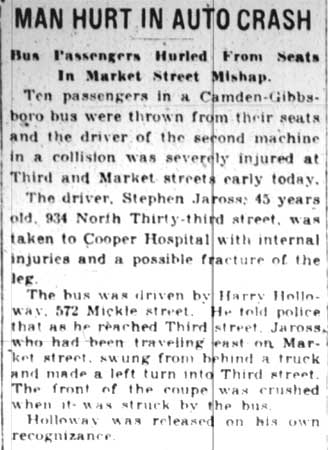 Man Hurt in Auto Crash - Camden Courier-Post, February 29, 1928
