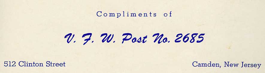 A.M. Mucci Post 2685 VFW 1959 Banquet Program Advertisement, 512 Clinton Street