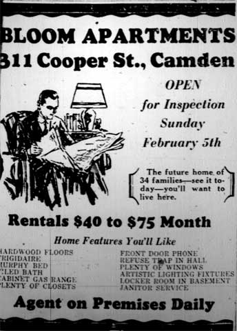 Bloom Apartments newspaper advertisement, Camden Courier-Post, February 3, 1928