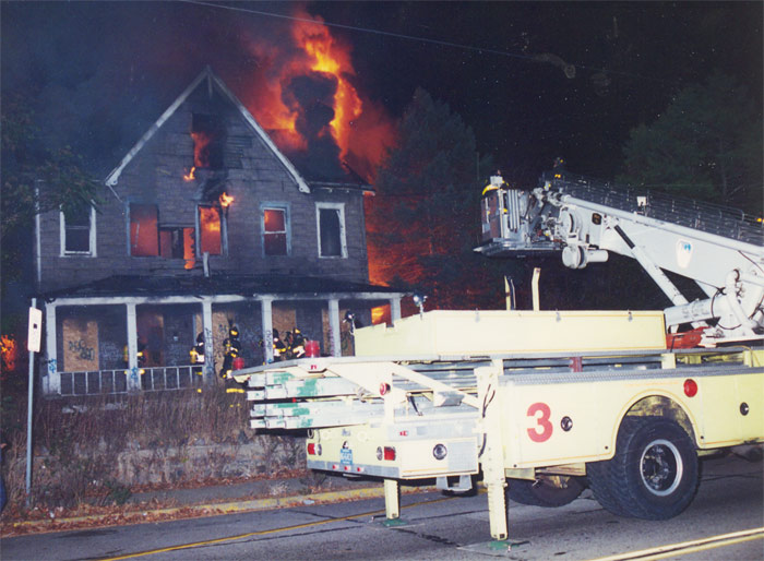 1983 Mack 75 Foot Tower Ladder at fire at 3303 Federal Street — 1980s-1990s