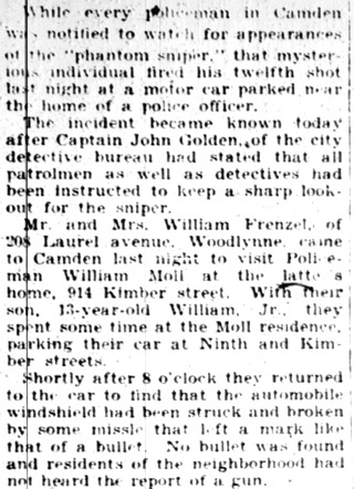 Camden Courier-Post, January 30, 1928 — Ghost Sniper fires on auto by cop's home
