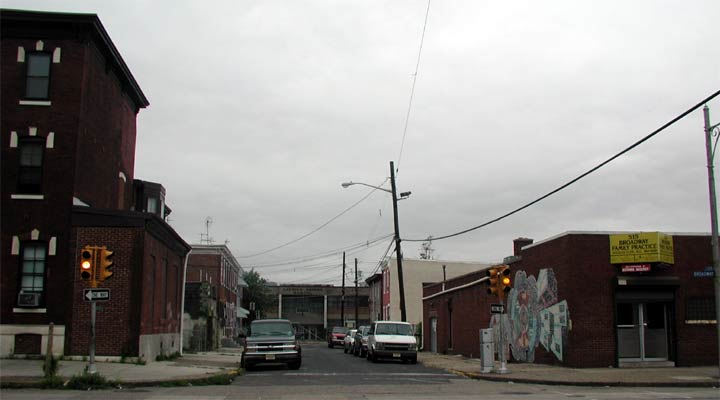 Clinton Street looking west from Broadway, September 22, 2003, Lanning Square School in background