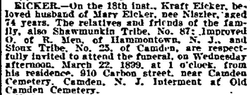 Kraft Eicker obituary — Philadelphia Inquirer, March 19, 1899