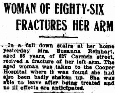 Woman of Eighty-Six Fractures Her Arm - Camden Post-Telegram, April 1, 1913