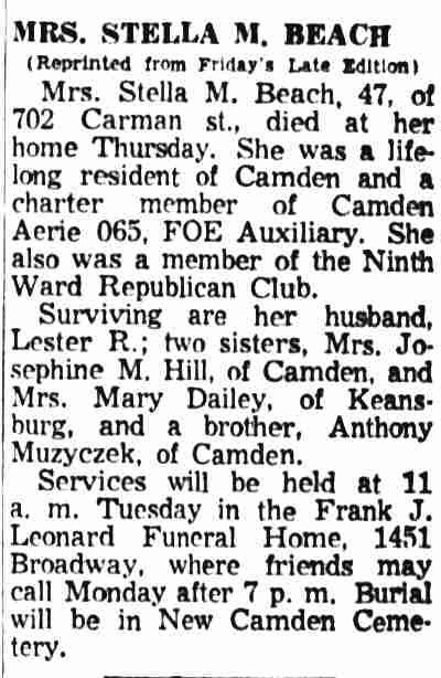 Mrs. Stella M. Beach - Camden Courier-Post, September 13, 1958